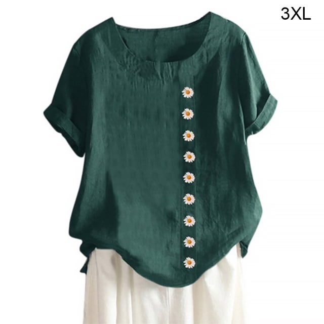 Blusa Camisa de manga corta suelta de lino Cuello redondo Mujer Top de verano, Verde, 3XL seitruly AP001856-16