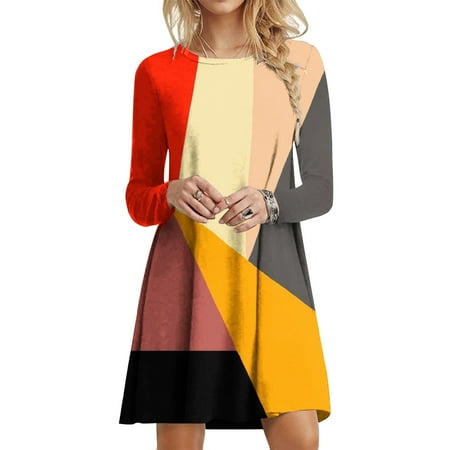 

Aueoeo Womens Winter Clothes Womens Cocktail Dresses 2022 Fashion Womens Casual Long Sleeve Round Neck Printed Knee Length Dress