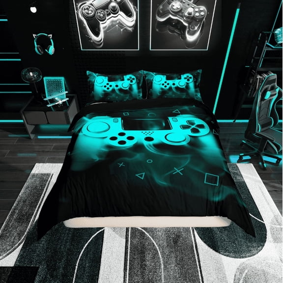 Erosebridal Cyan Gamepad Comforter Cover Twin, Teens Gamer Gaming Bedding Twin Size, Game Theme Bedroom Decor, Reversible 2pcs (No Comforter)