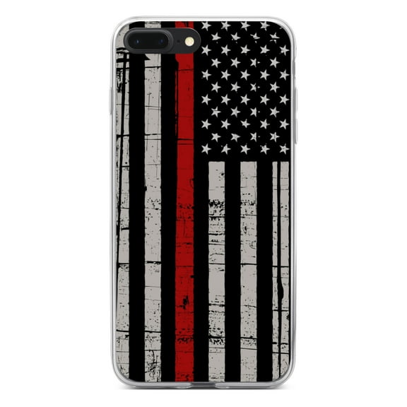 DistinctInk Clear Shockproof Hybrid Case for iPhone 7 PLUS / 8 PLUS (5.5" Screen) - TPU Bumper, Acrylic Back, Tempered Glass Screen Protector - Weathered Thin Red Line US Flag - First Responders