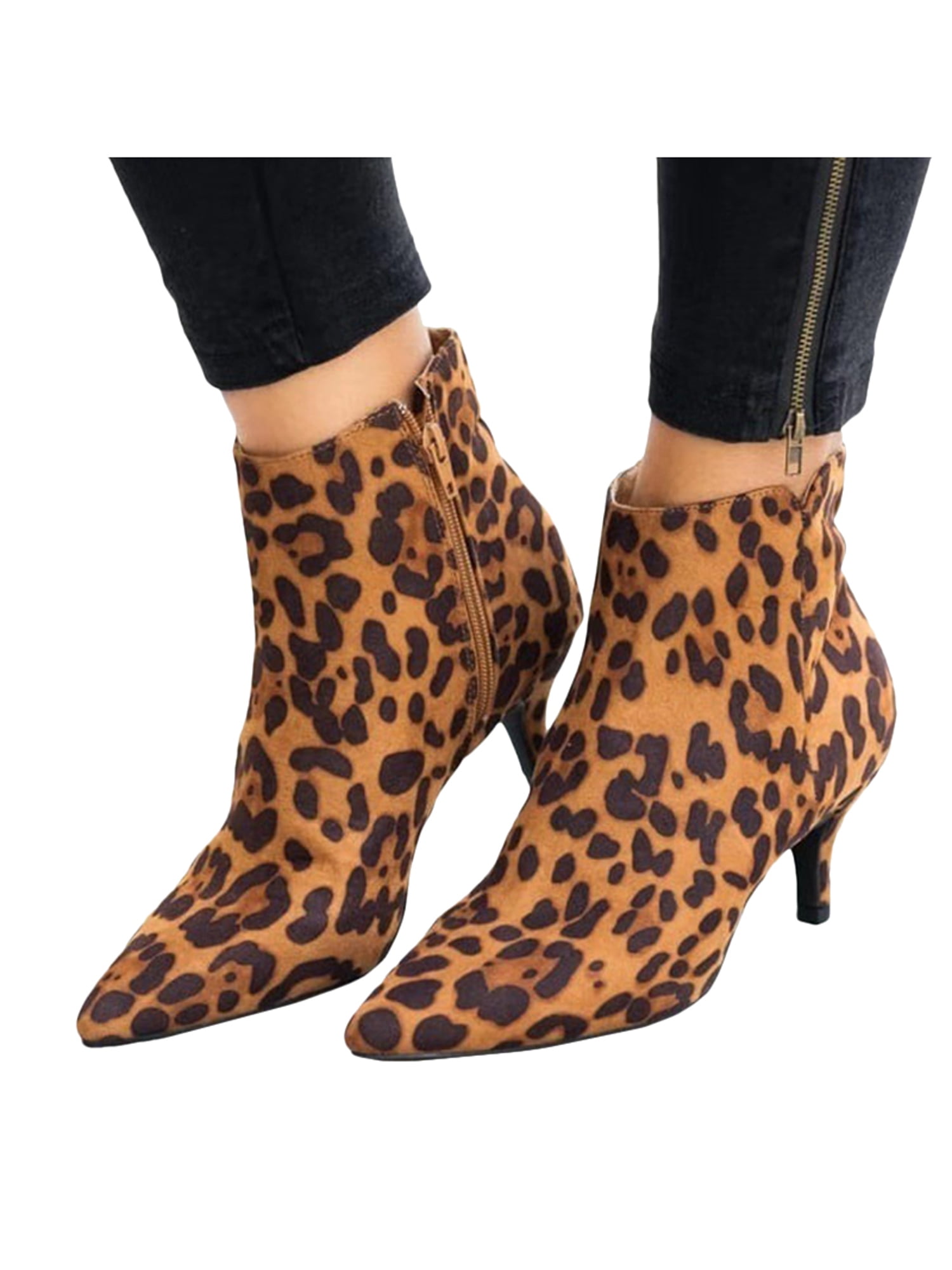 Womens Mid Kitten Heels Ankle Boots Ladies Zipper Pointy Toe Booties Party Shoes 