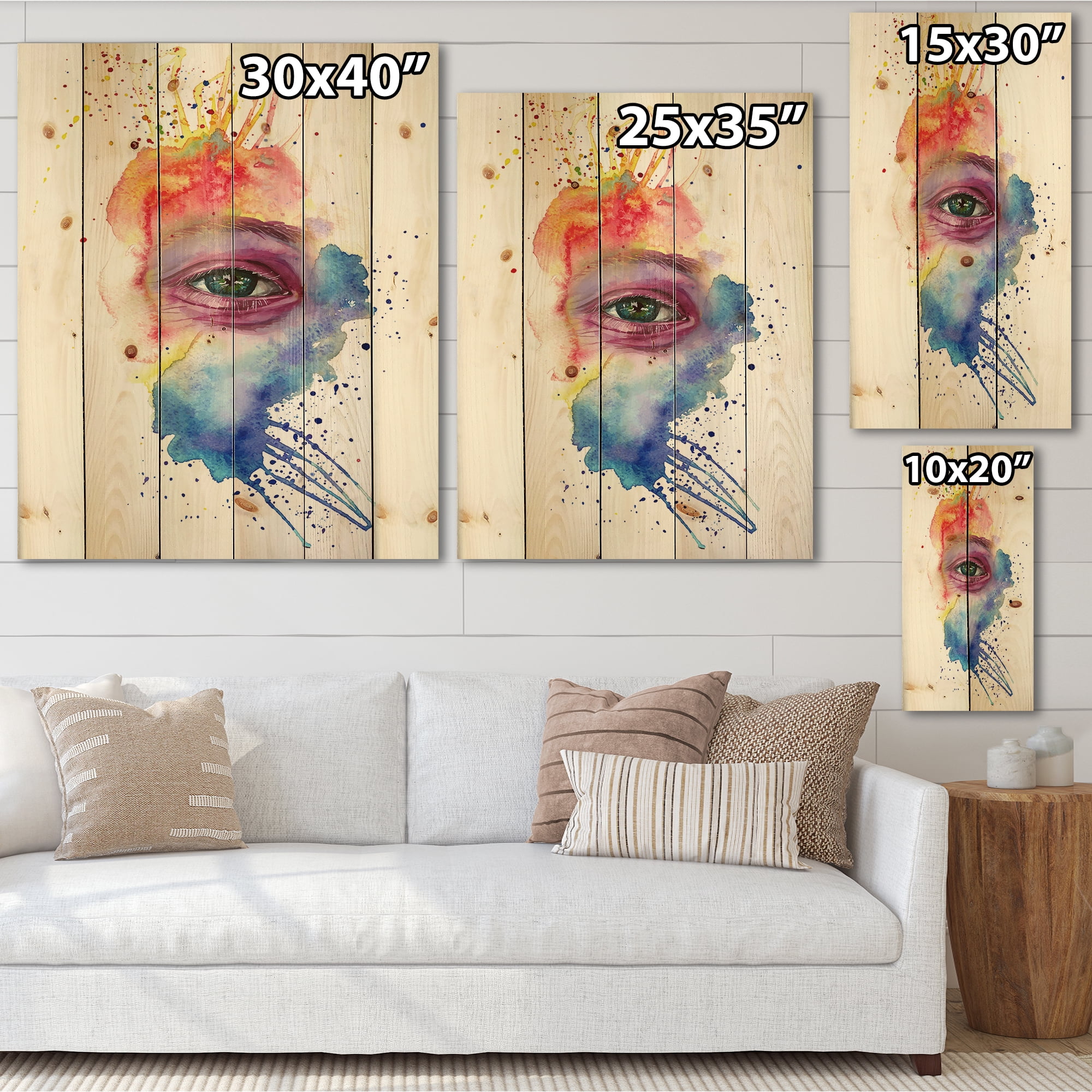 Designart 'Detail of Eye In Rainbow-Colored Face Portrait' Bohemian & Eclectic Print on Natural Pine Wood