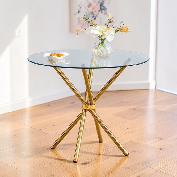 GZXS 36.6" Round Tempered Glass Dining Table, Modern Kitchen Table with Gold Metal Cross Legs, for Small Spaces, Dining Room or Apartment