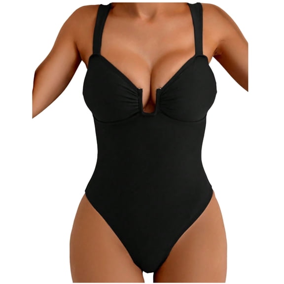 HAPIMO Deep V Neck Underwire 1 Piece Swimsuit Women Supportive Vacation Swimwear Black L