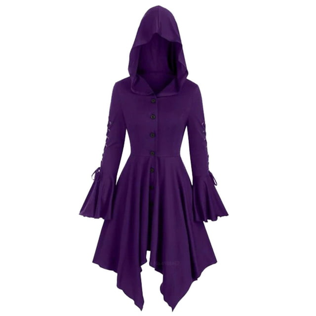Veste Cape pour Femmes à Manches Longues, Manteau Robe à Capuche Patchwork avec Bretelles et Ourlet Irrégulier