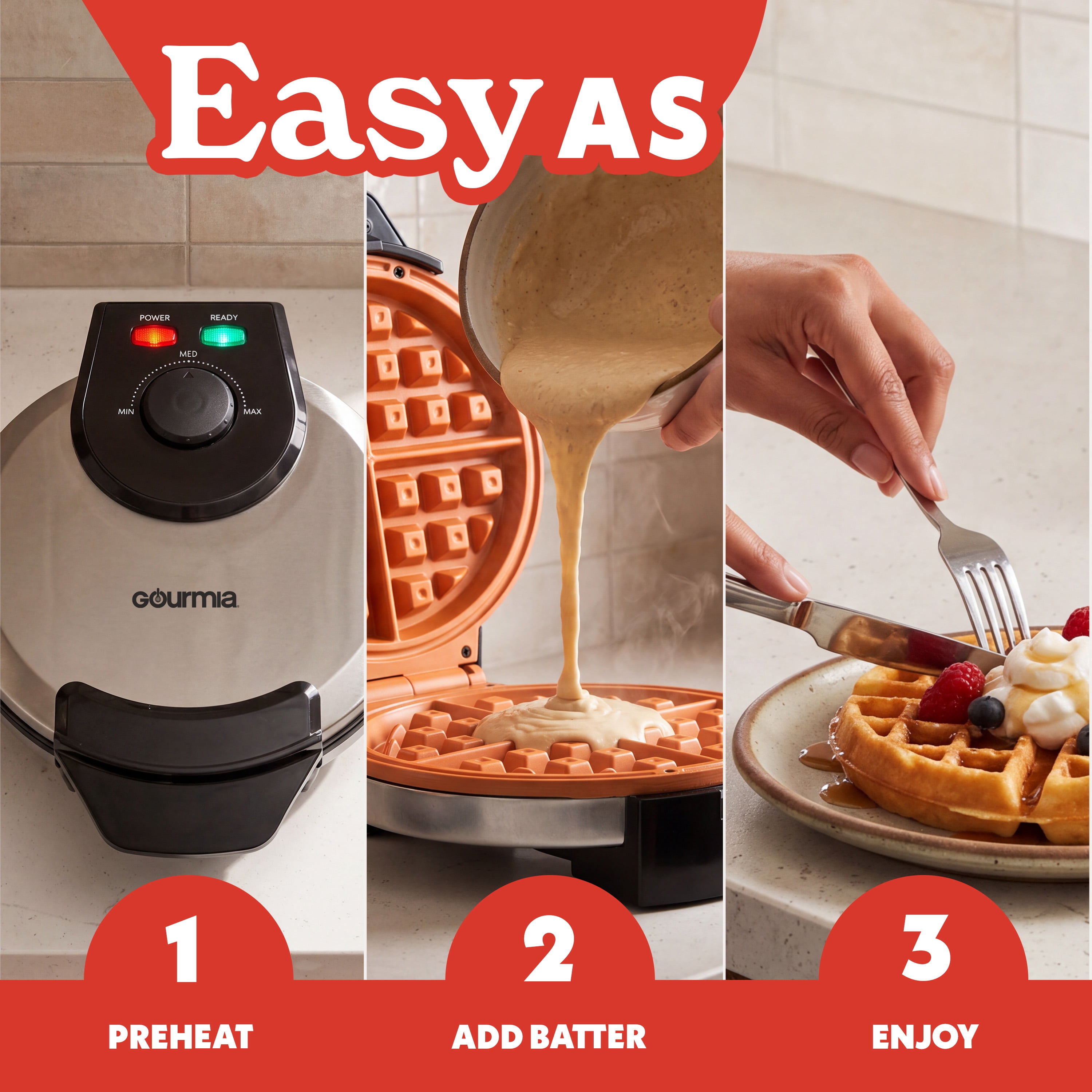 Gourmia Belgian Waffle Maker with Dual Heating, Nonstick Ceramic Plates & Browning Control