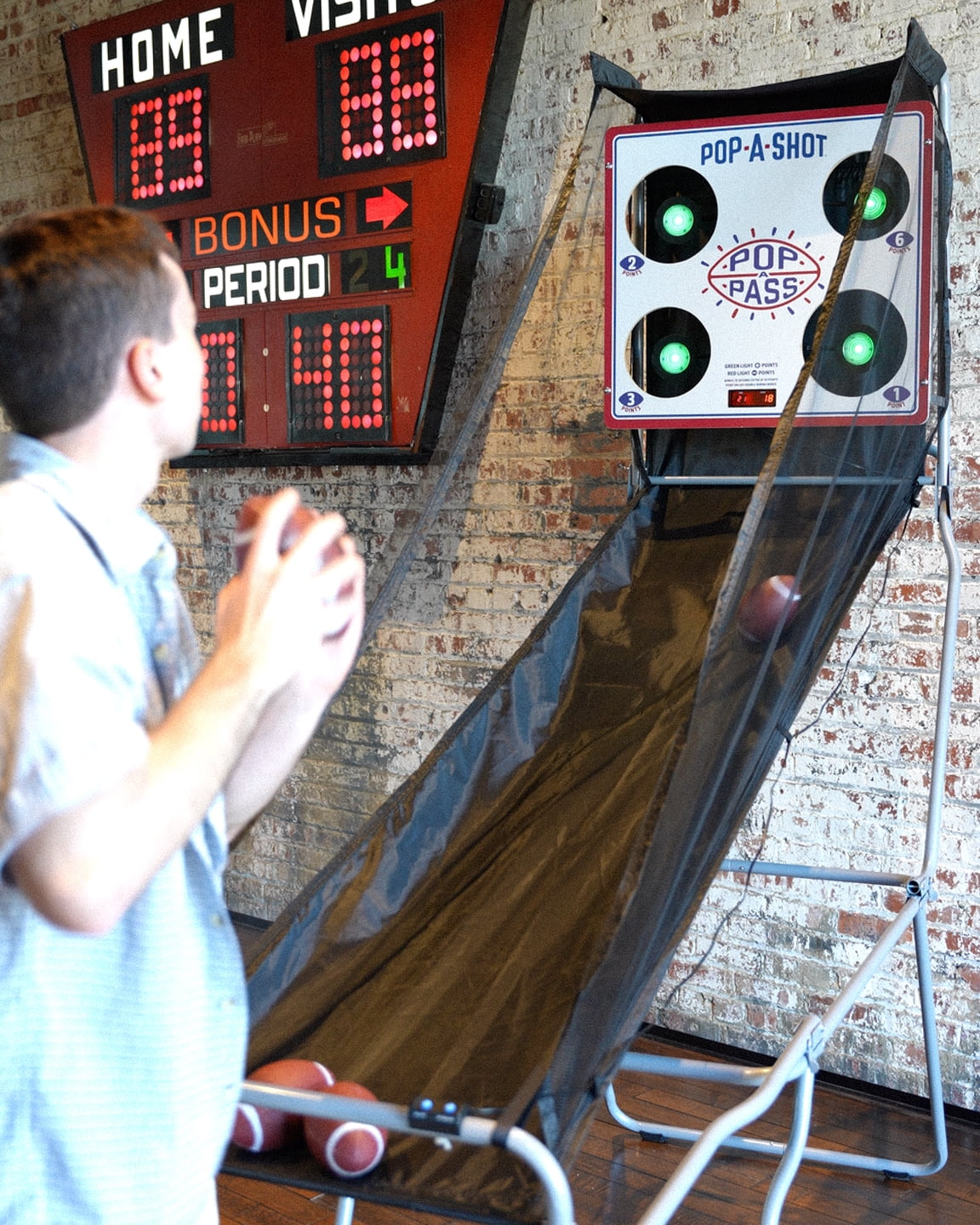 Pop-A-Shot | Official Pop-A-Pass Electronic Arcade Football Toss Game | 4 Inflatable Mini Footballs | Foldable, Portable, Tote Bag Included