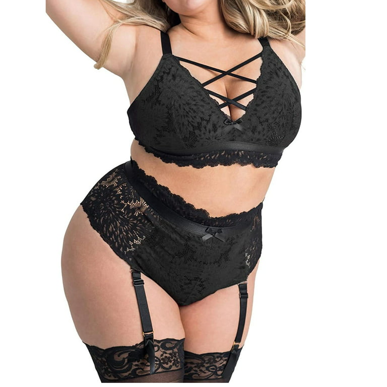BIZIZA Gothic Lingerie Strappy Clearance Women's Sexy Lace Bra and Panty  Sets with Stockings Sleepwear for Women Black 3XL 