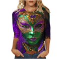 thumbnail image 2 of Cavosen Mardi Gras Womens Blouses Three Quarter Length Sleeves Holiday Carnival Round Neck Shirts Mask Graphic Print Blouse Festival Trendy Tops Casual Going out T-Shirts Party Tuesday 3XL, 2 of 5