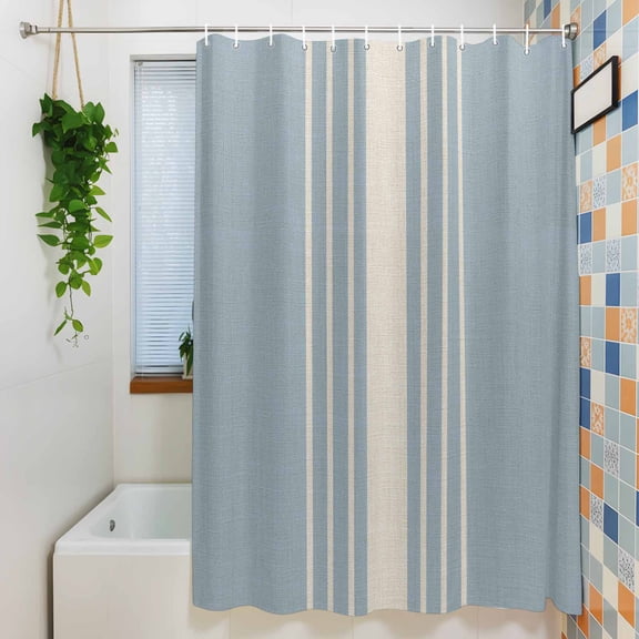 Blue Striped Shower Curtain for Bathroom Decor, Classic Rustic Cream Light Blue Stripes Farmhouse Waterproof Fabric Shower Curtain, 72"x96" Set with 12 Hooks