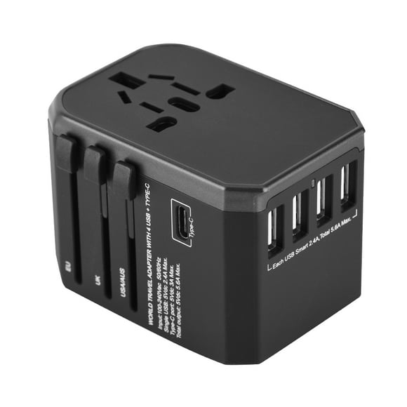 Universal Travel Adapter Plug 4 USB Ports Type C Sockets Converter for US/AU/UK/EU(Black)