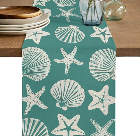 Table Runners 36 Inches Long Dress Scarves, Green Coastal Starfish Farmhouse Kitchen/Dining Table Decor Table Runner, Short Coffee Tablerunners, Ocean Sea Shells Nautical Marine 13x36 Inch