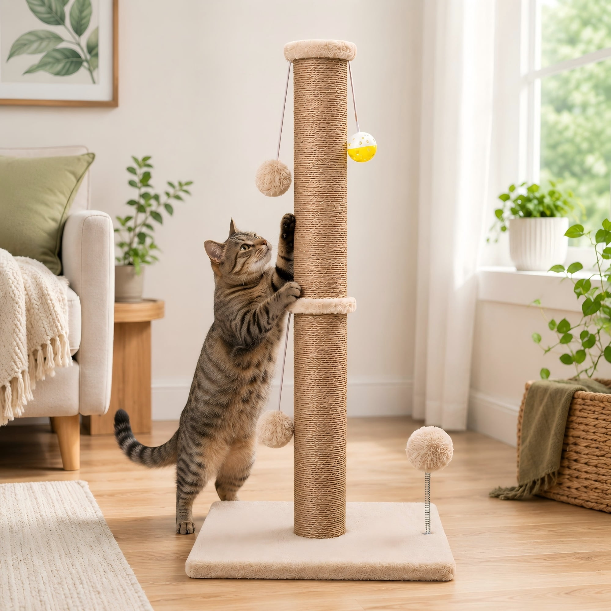 PELUOMOZ Cat Scratching Post, 36 in Beige Sisal Scratch Tower with Stable Base and Interactive Toy