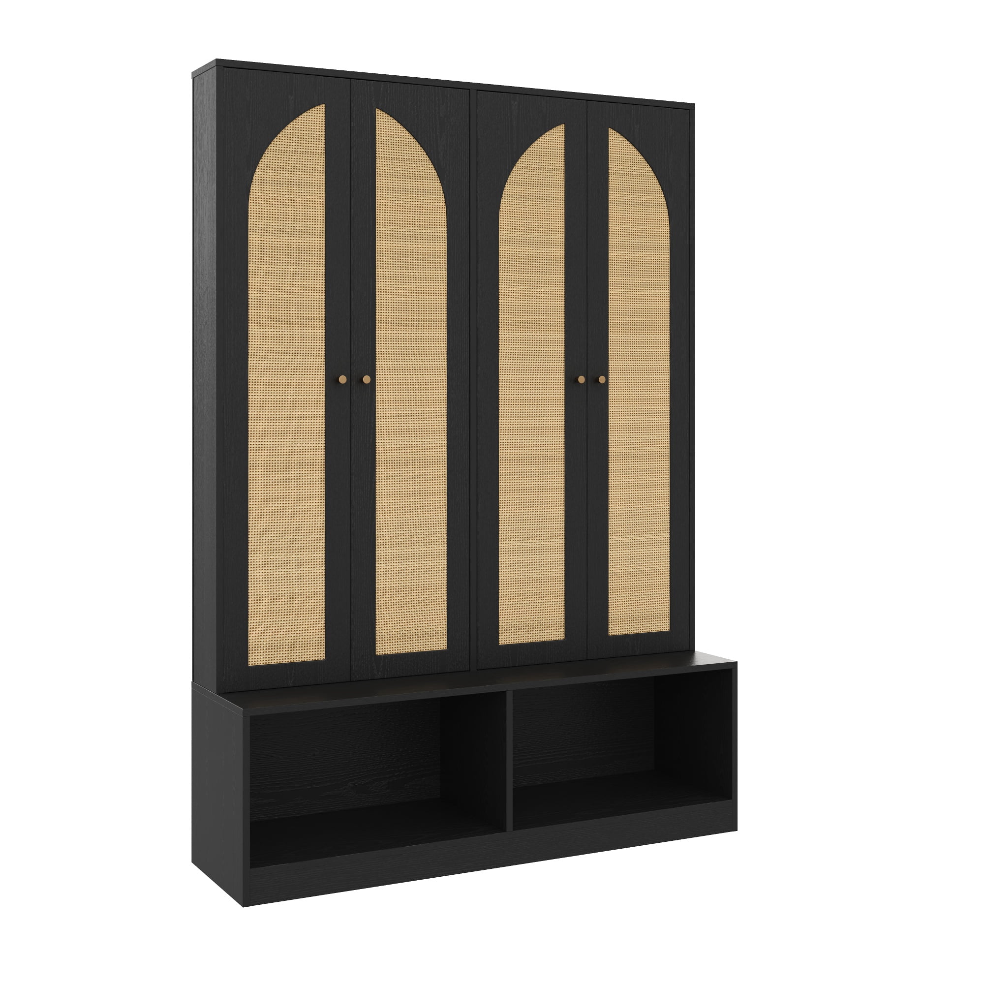 Euroco Farmhouse Entryway Hall Tree with Rattan Doors, Bench, Hooks & Adjustable Storage Shelves, 4-in-1 Mudroom Organizer with Shoe Cabinet