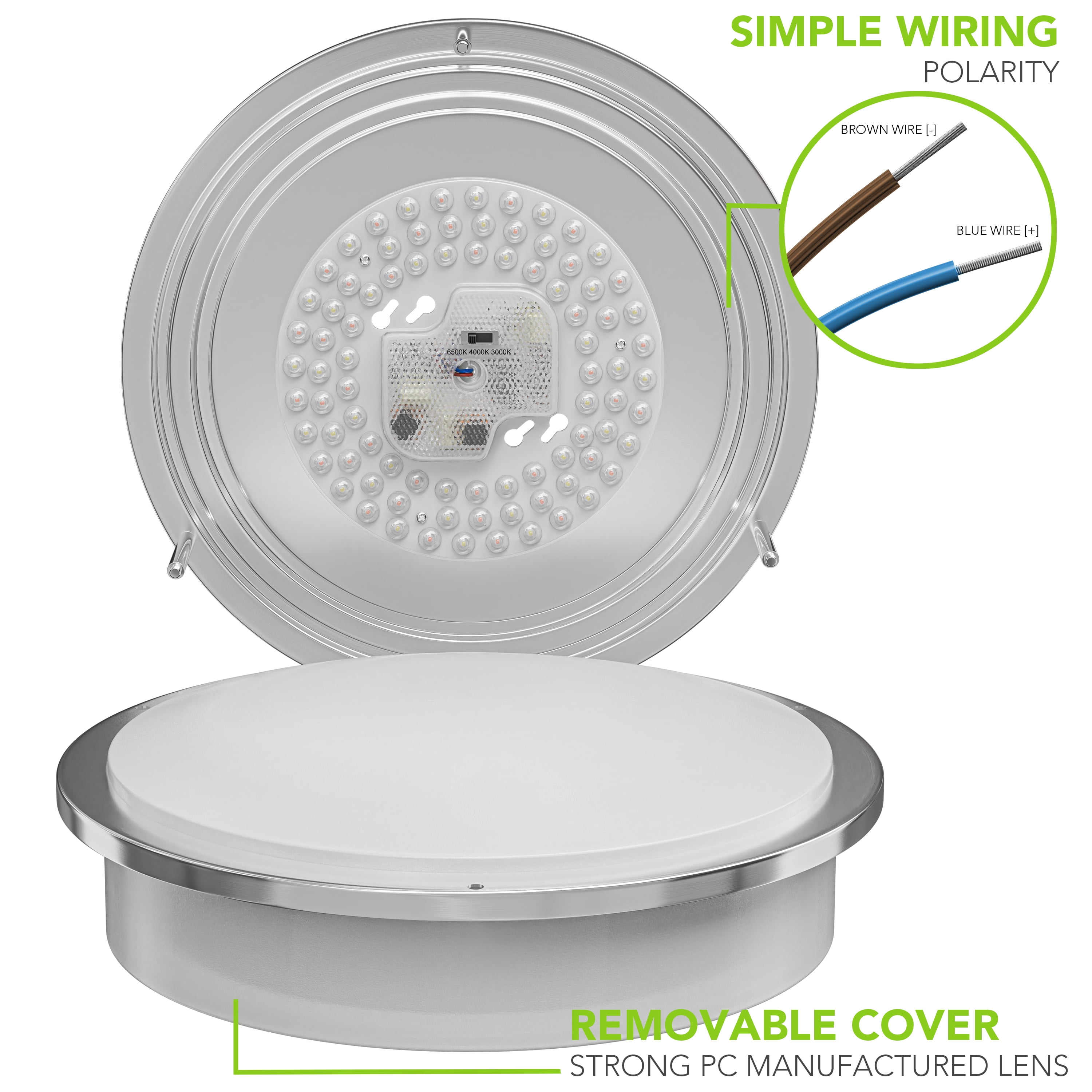 Leisure LED Brushed Nickel Ceiling Light 12 inch Flush Mount Adjustable Light Color (3000K/4000K/6500K) Surface Mount Ceiling Lamp for RV, Trailer, Camper, Boat DC 12V 22W