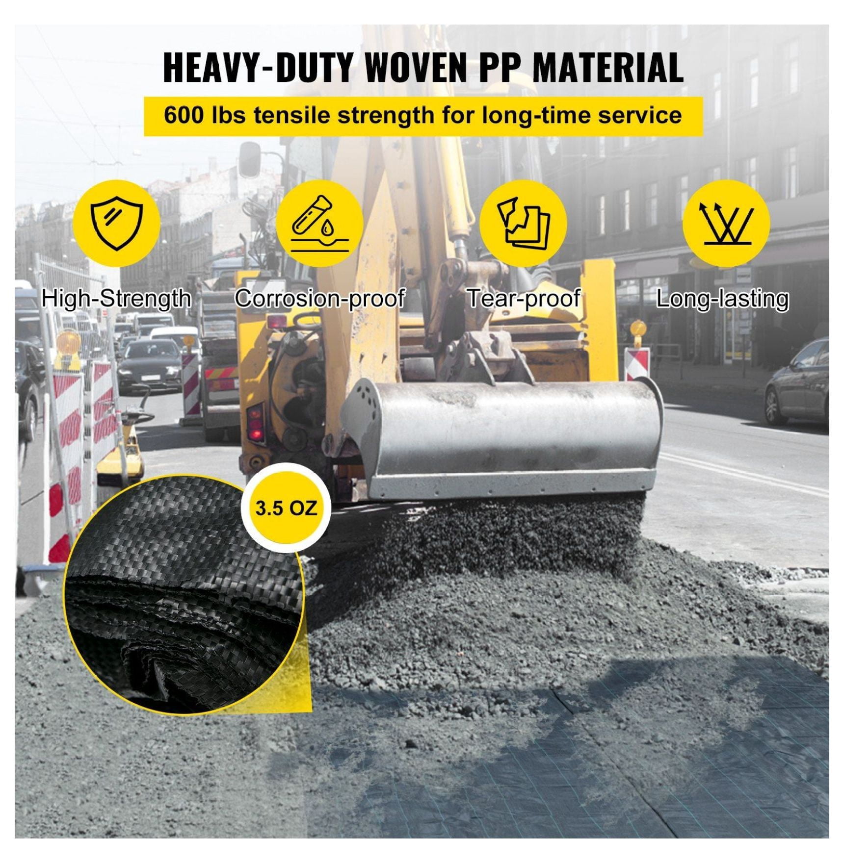 Geotextile Fabric 12.5 x 50 ft, 3.5oz PP Driveway Fabric, 600lbs Strength Weed Barrier for Landscaping, Soil Stabilization, Erosion Control