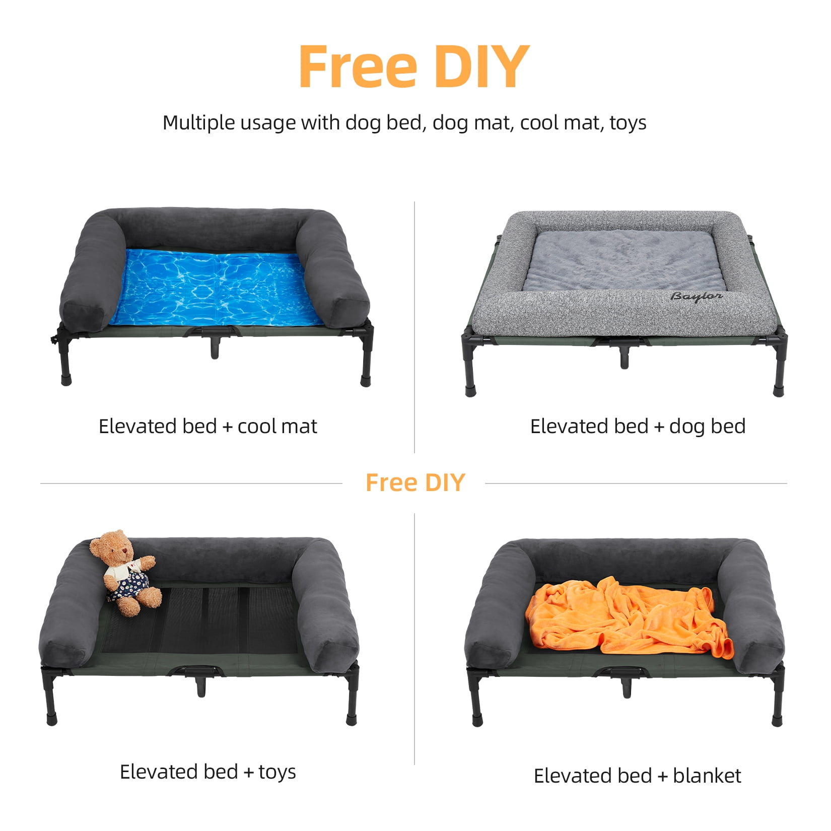 Bingopaw 4 in 1 Elevated Pet Dog Bed with Bolster, Gray, Large, 35"L