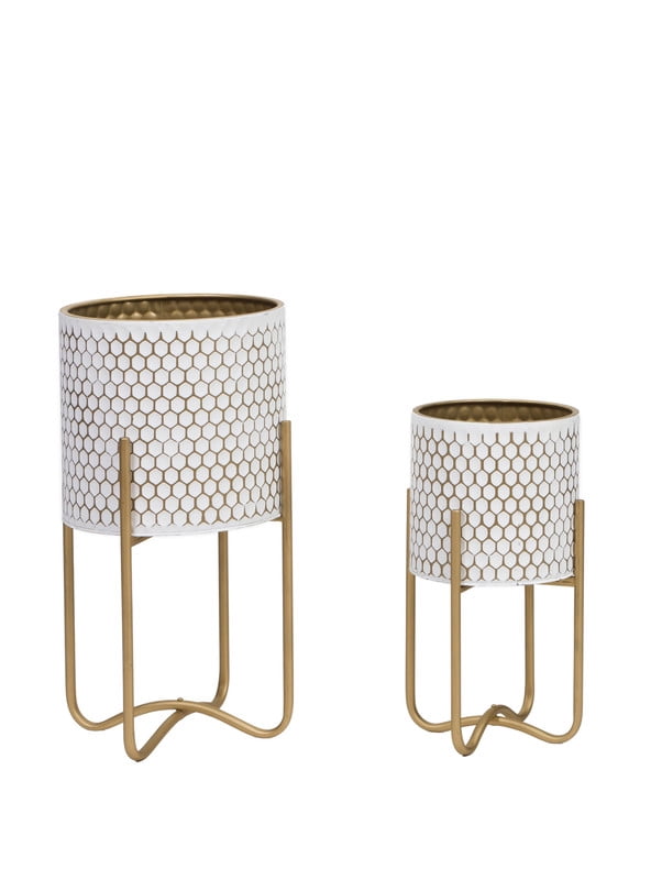 Honeycomb White Planter Pot With Ambrose Gold Metal Planter Base - (Small & Medium Set)