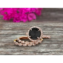 10k Rose Gold 2.75 Carat Round Cut Black Diamond Moissanite Trio Set Engagement Ring Halo Stacking Matching Band