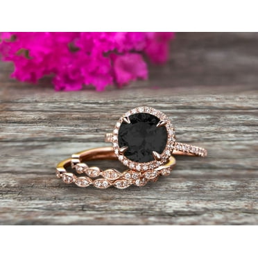 10k Rose Gold 2.75 Carat Round Cut Black Diamond Moissanite Trio Set Engagement Ring Halo Stacking Matching Band