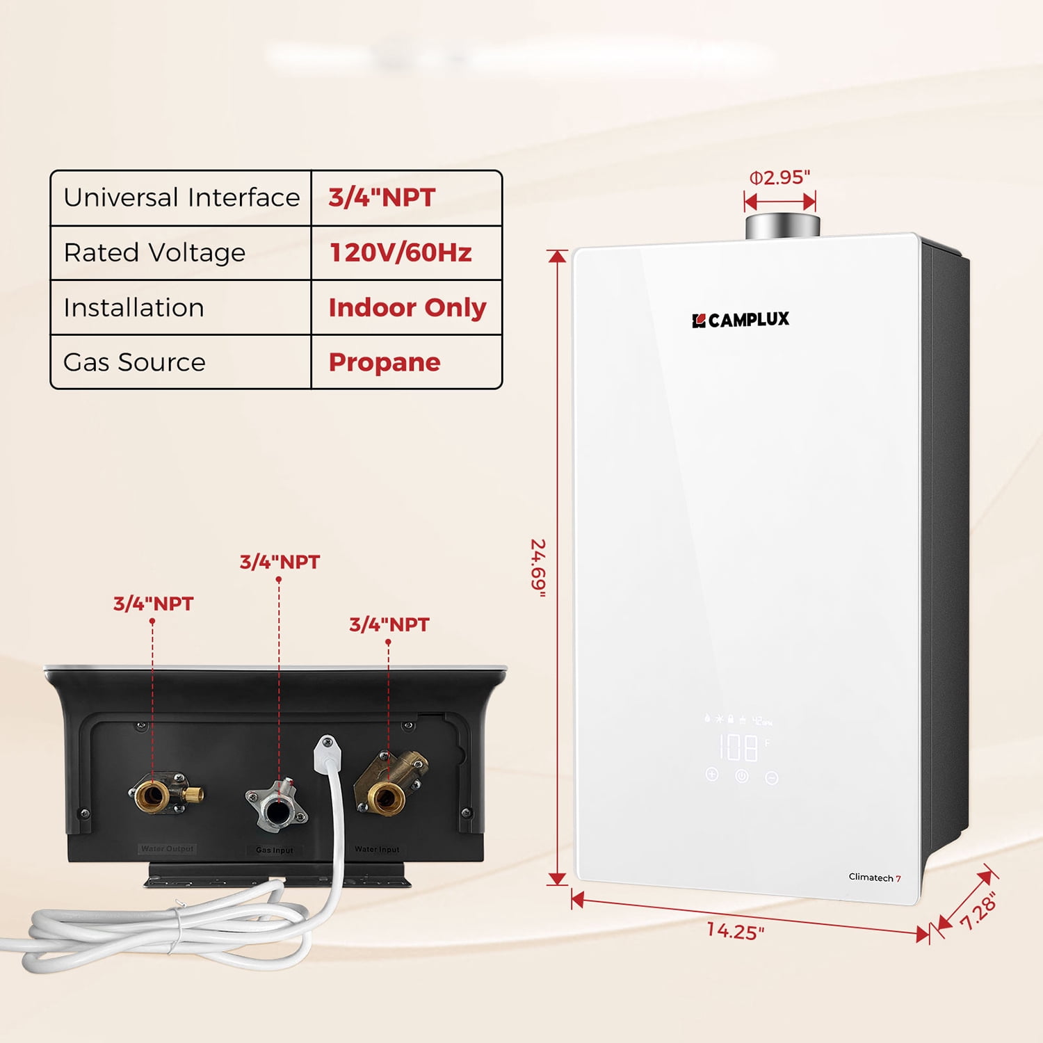 CAMPLUX Climatech 7, 6.86 GPM 170,000 BTU 120V Indoor Propane Tankless Water Heater with LED Display, CSA Certified, CA686WLP