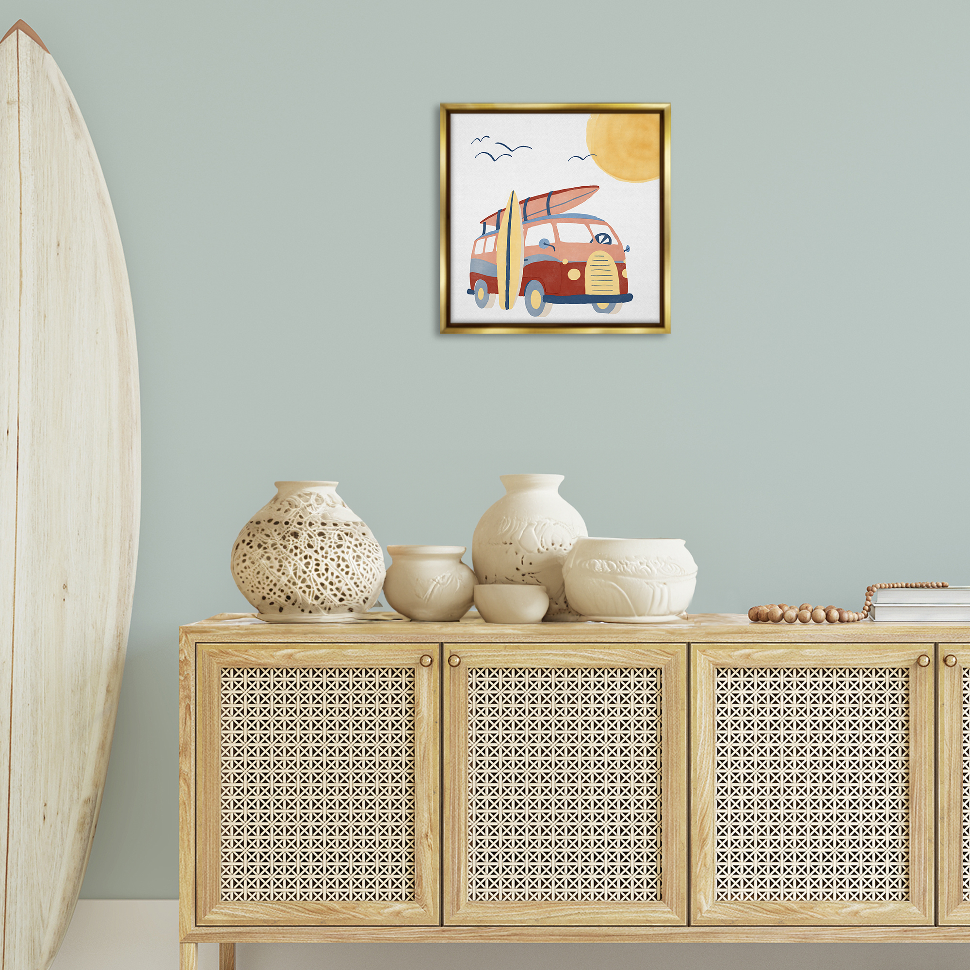 Stupell Industries Summer Surf Bus Transportation Painting Gold Floater Framed Canvas Art Print Wall Art, 18 x 18
