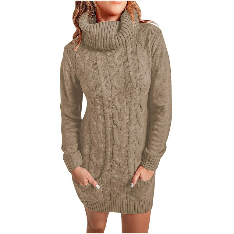 Hfyihgf Womens Turtleneck Sweaters Long Sleeve Elasticity Chunky Cable Knit  Sweater Dress Plain Winter Pullover Jumper Tops with Pockets(Khaki,S)