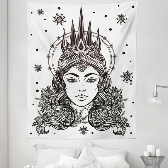 Queen Tapestry, Fantasy Snow Queen Hand Drawn Art Winter Boho Mythical Print, Fabric Wall Hanging Decor for Bedroom Living Room Dorm, 5 Sizes, White and Black, by Ambesonne
