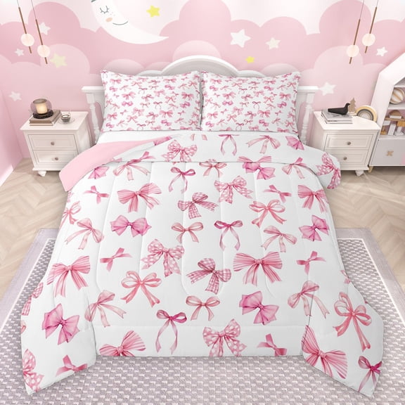 Castle Fairy Kids Teens Cute Ribbon Bow Knot Bedding Comforter Set 2pcs,Geometric Plaid Bowknot Twin Comforter Sets Microfiber,Cartoon Kawaii Bow Breathable Bedding Set,Breathable Home Decor