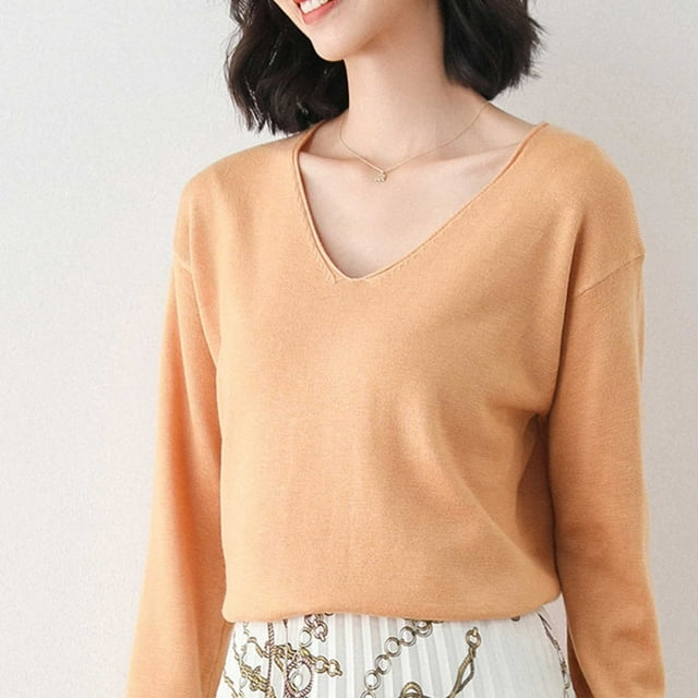 Knit Sweaters for Women Solid Color V Neck Sweaters Loose Fit Korean Style Versatile Layering Fall Winter Long Sleeve Pullovers Top Orange XL