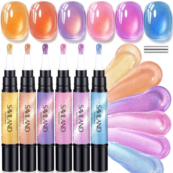 SAVILAND Cat Eye One-Step Gel Nail Polish Pens, 6 Colors Caramel Lilac Pink, with Nail Magnet, 4 ml/0.14 fl. oz