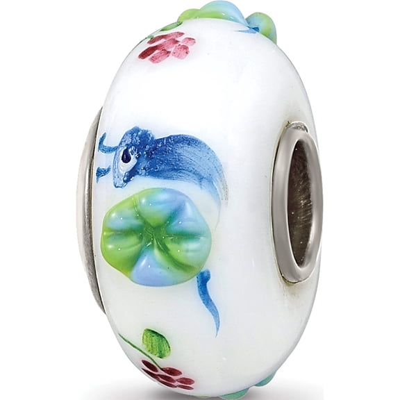 Sterling Silver Ster.Silver Reflections Hand Painted Snails & Grapes Fenton Glass Bead Made In United States qrs3589