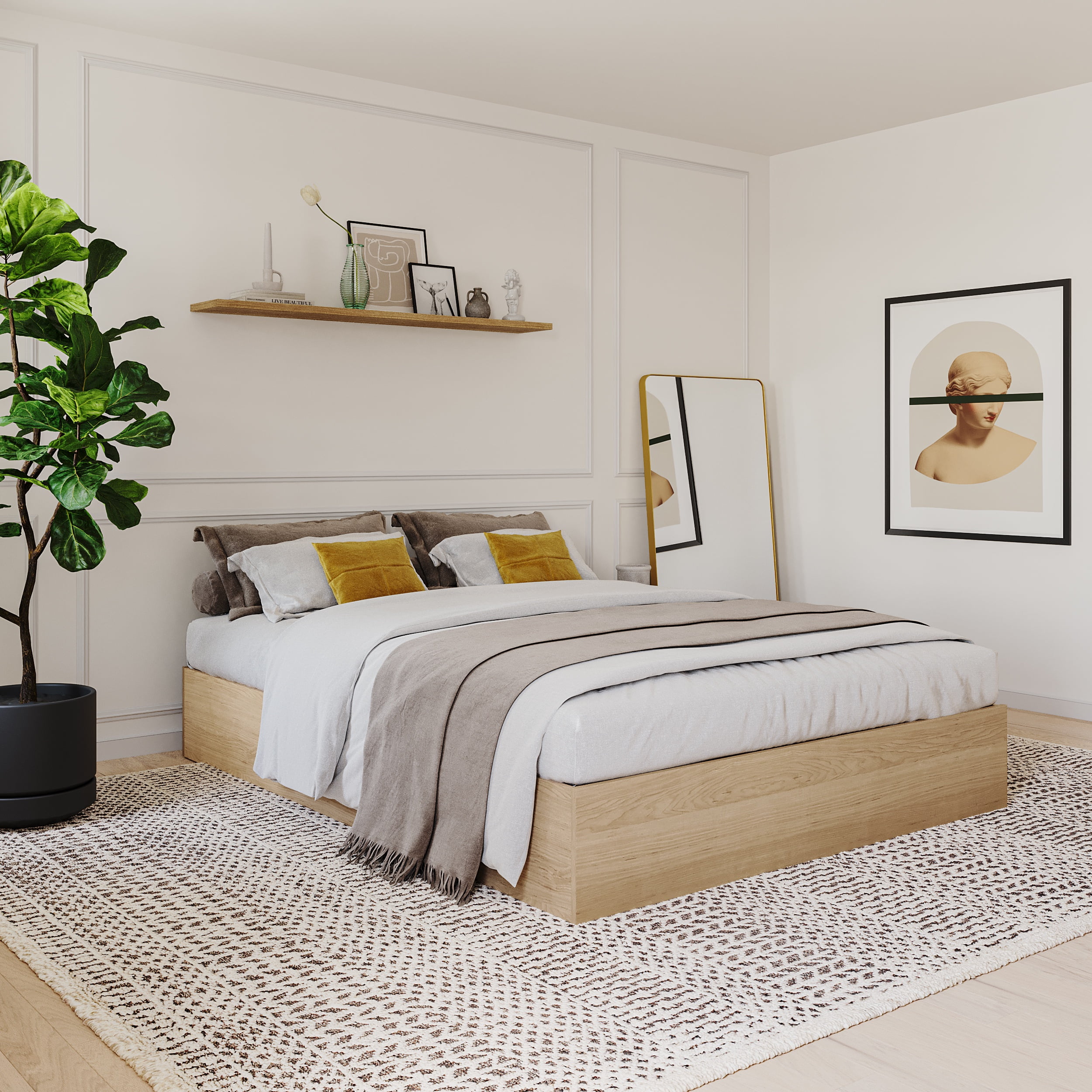 Nexera Queen Size Storage Wood Bed Frame with 3 Drawers, Natural Maple