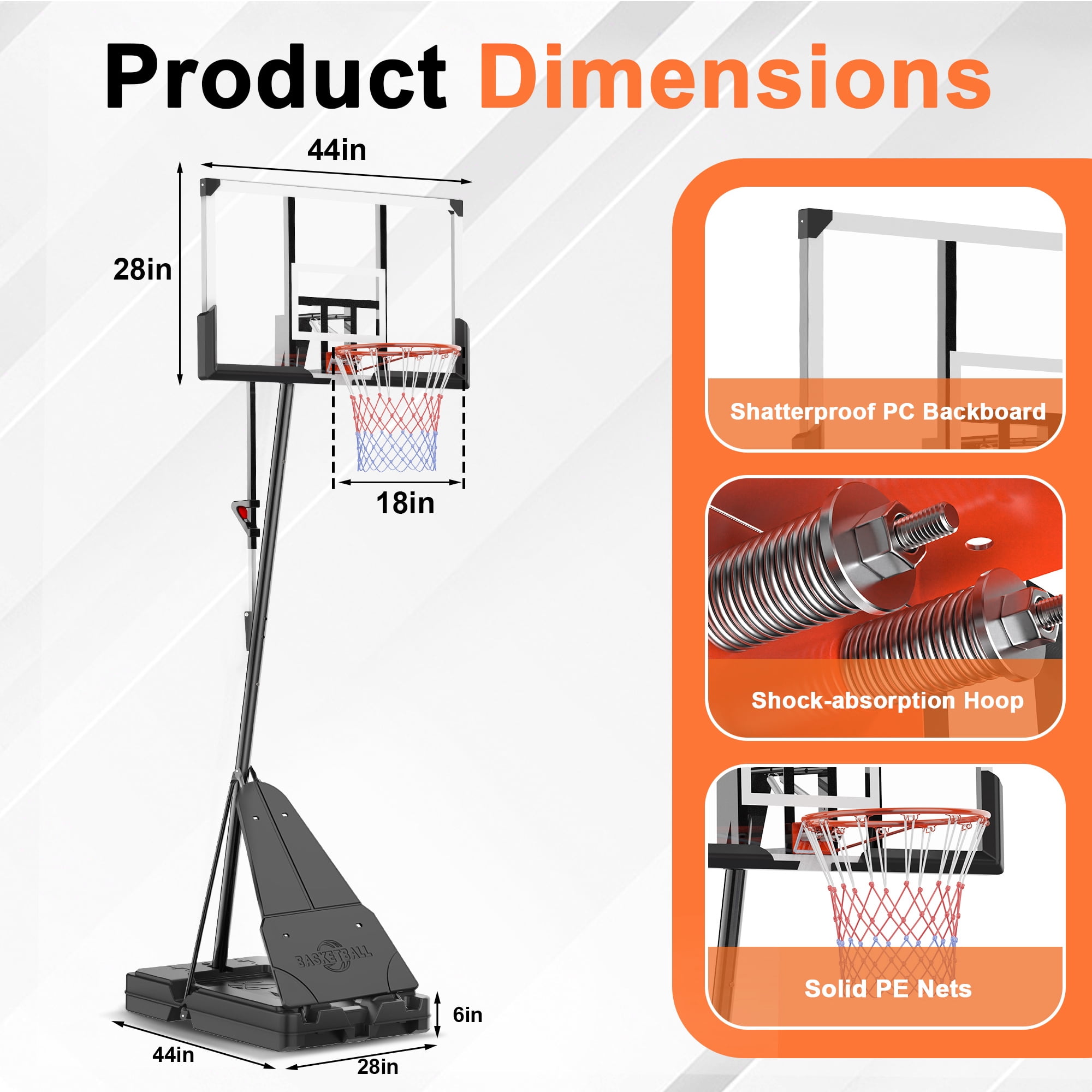 Fenbeli 44 Inch Portable Basketball Hoop Outdoor Indoor, 5.25-10FT Adjustable Height, Shatterproof PC Backboard, 150 LBS Fillable Base, Basketball Goal System for Kids Teens Adults Backyard/Driveway