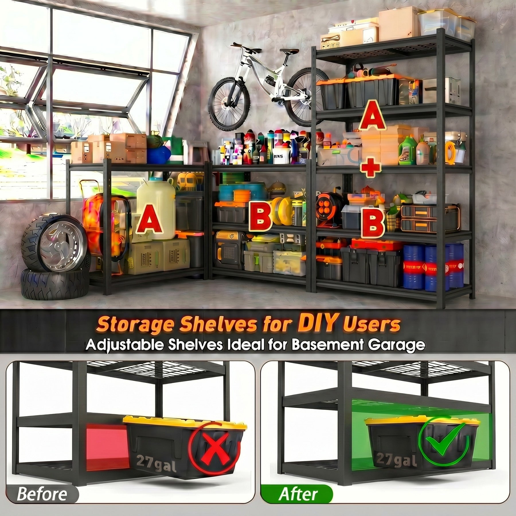 Sailvan 1650LBS Heavy Duty Garage Shelving, 5-Tier Adjustable Metal Storage Shelves, Industrial Steel Utility Rack,36"W x 16"D x 72",Black