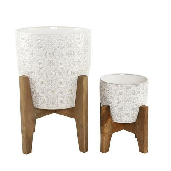 10 in. & 6.6 in. White Cathedral Ceramic Planter on Stand - Set of 2