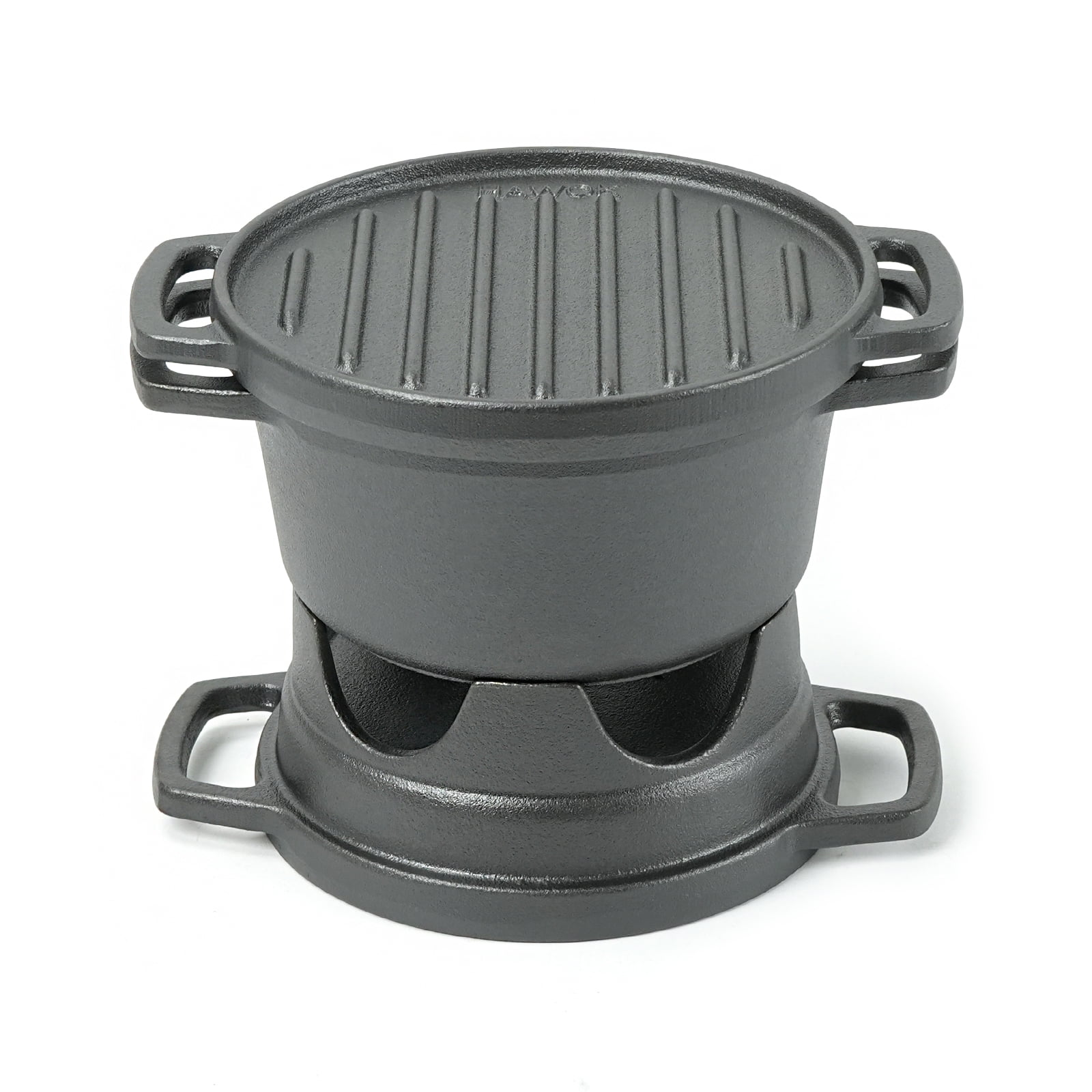 HAWOK 6 Piece Stove Set, Potable Cast Iron Charcoal Grill Stove with 1QT Dutch Oven, with Multipurpose Lid, Five-Leg Buffet Tray, Multipurpose Mini BBQ Stove Set