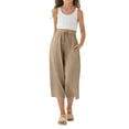 thumbnail image 4 of Girls' Solid Color Cotton Linen Casual Pants,Elastic Drawstring Waist 3/4 Length Capri with Pockets,Loose Fit for Daily Wear, School, Summer Activities,Breathable and Comfortable - Khaki, 4 of 9