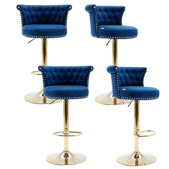 Swivel Bar Stools, Velvet Adjustable Height Bar Stools with Back and Golden Footrest, Upholstered Barstools, Modern Ring Pull Trim Chairs for Kitchen Island, Bar(Navy,Set of 4)