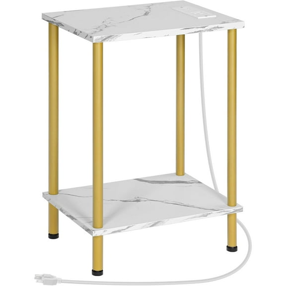 Side Table with Charging Station, End Table with USB Ports and Outlet, Nightstand with 2-Layer Storage Shelves for Small Spaces, Living Room, Bedroom, Stable Frame, Gold and Marble DM09UBZ01