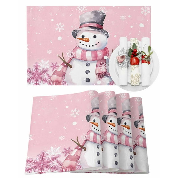 Christmas Placemats Set of 4, Snowman Place Mats Pink Snowflake Placemat Table Decoration for Kitchen Table Dinner Xmas Holiday Party Home Decor Indoor Outdoor 13x19 Inch