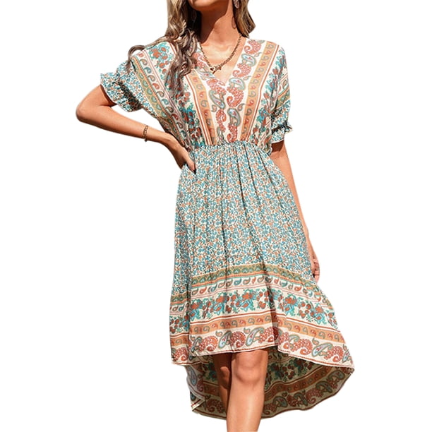 Txlixc - Vestido de manga corta para mujer, estilo vintage, estampado, cuello en V, con lazo, sin espalda, irregular, midi Txlixc Moda