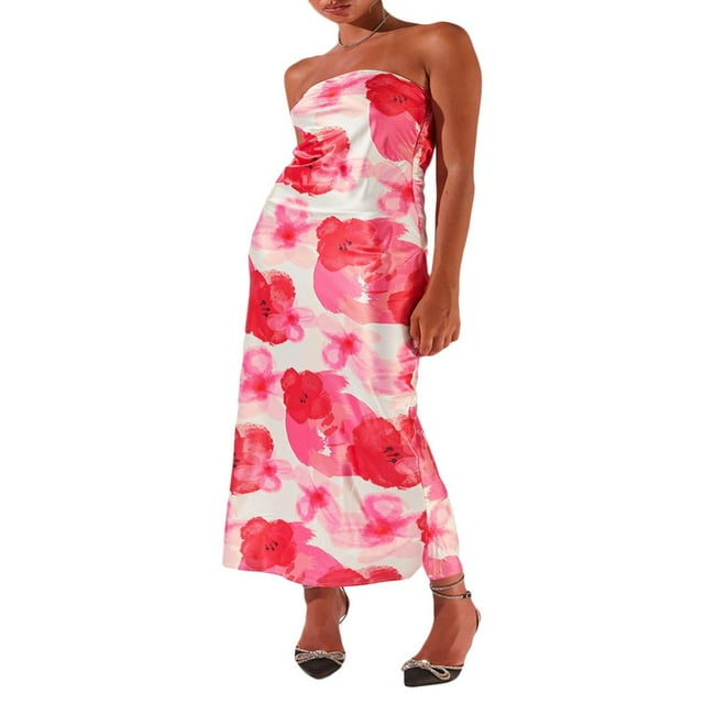 PENGXIANG Women Cutout Backless Bodycon Bandeau Tube Dress Ruffle Printed Maxi Long Dresses
