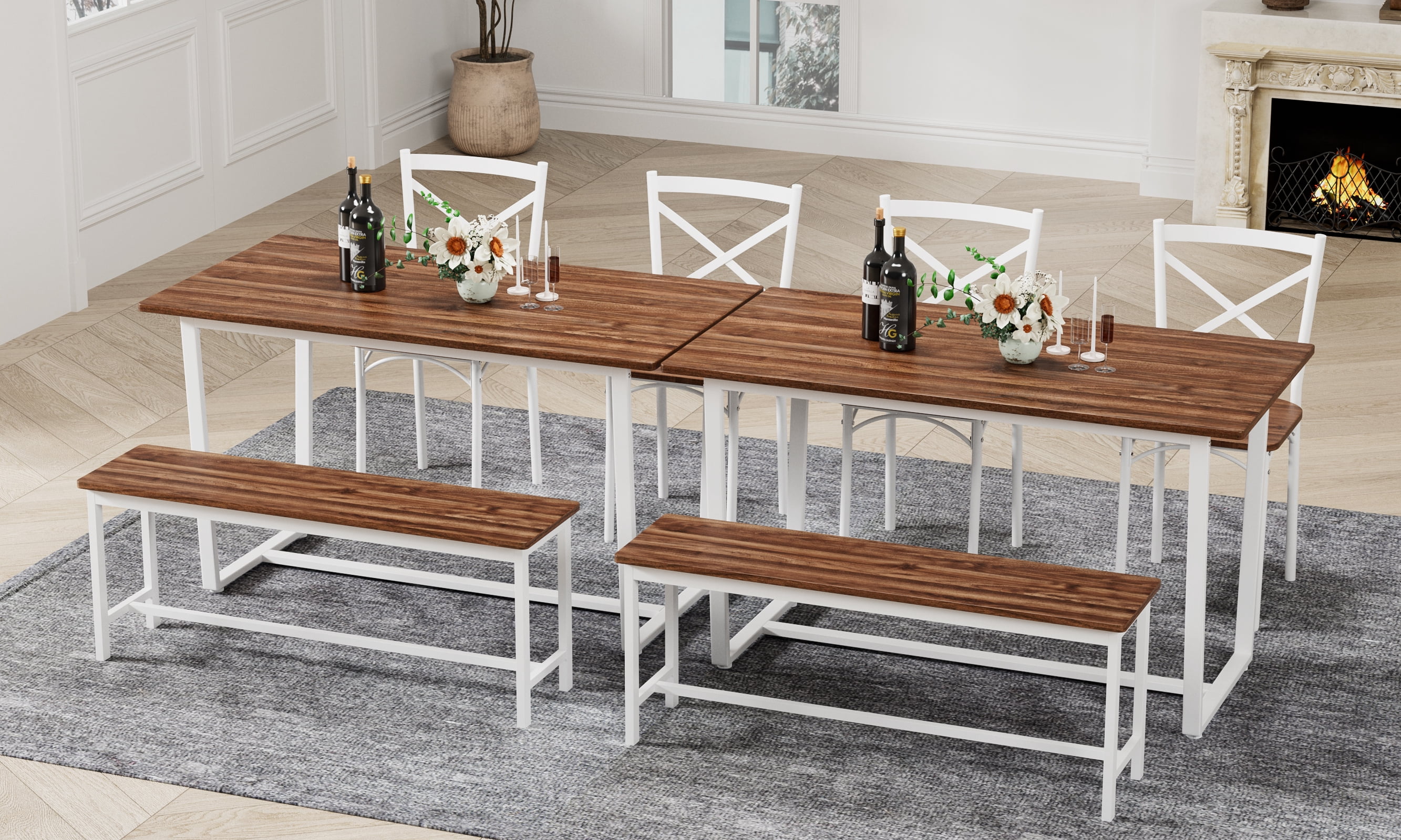 4-Piece Dining Table Set with 2 Chairs and Bench,Modern Kitchen Table Set for Breakfast,Small Space,Apartment,Dark Walnut