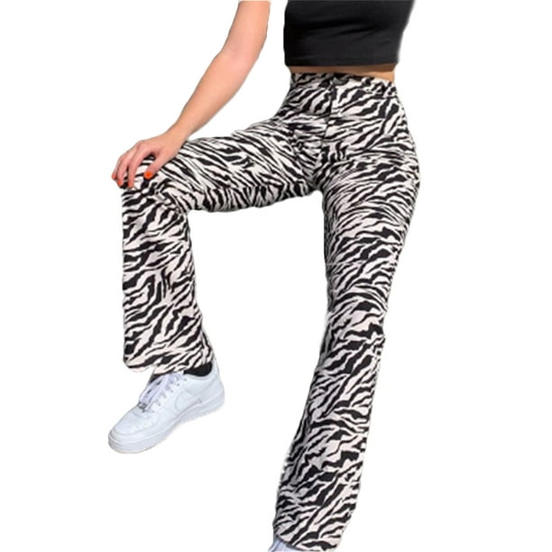 Women Fashion Zebra Print Trousers Elastic High Waist Long Pants Plus Size  Trousers 