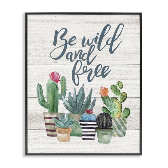 Stupell Industries Farmhouse Be Wild And Free Cactus Succulents Watercolor Black Framed Giclee Art, 11 x 14, by Jo Moulton