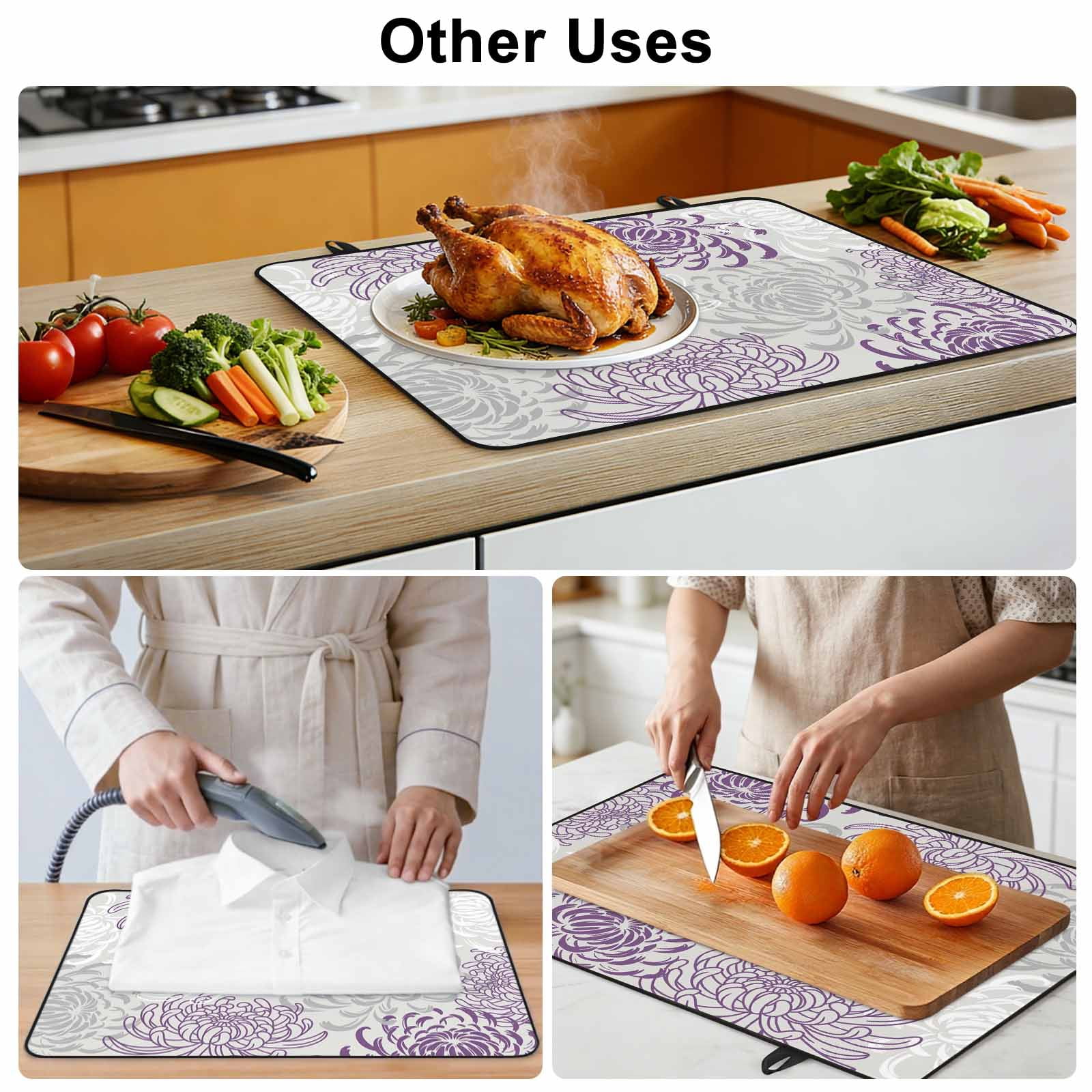 Purple White Stove Top Cover for Electric Stove, Heat-proof & Non Slip Glass Top Stove Cover Protector, Abstract Grey Chrysanthemum Flower Floral Kitchen Flat Cooktop Rubber Mat 28.5x20.5 Inches