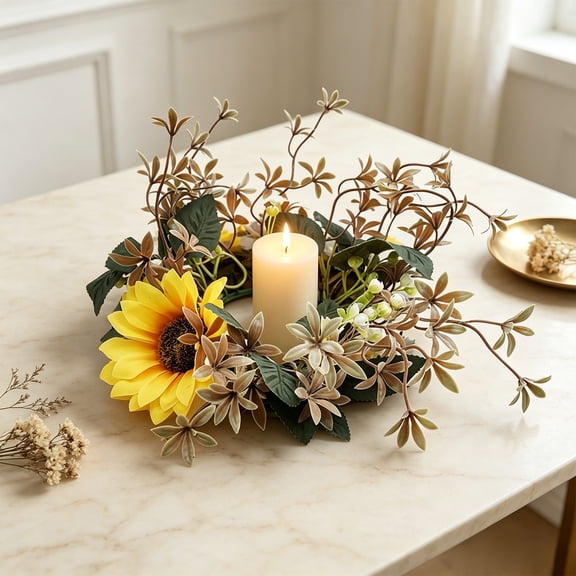 Sunflower Candle Ring, 1 Pack Candle Wreaths Rings 3 Inch Center, Artificial Yellow Flower Leaves Wreath Pillar Candleholder for Wedding Home Tabletop Decor
