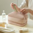 thumbnail image 3 of Bolsa de maquillaje pequeña rosa Bolsa de cosméticos de cuero a rayas de PU, bolsa de maquillaje de viaje portátil, bolsa de cosméticos impermeable con asa, maquillaje lindo, 3 of 5