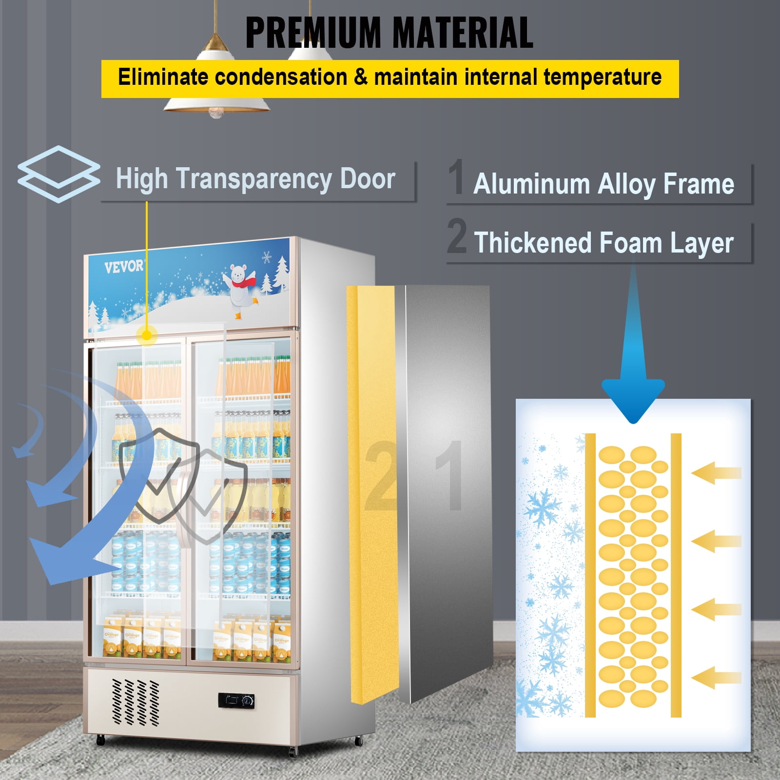 VEVOR  Commercial Merchandiser Refrigerators 20.3 cu ft 2-Glass Doors, Gold